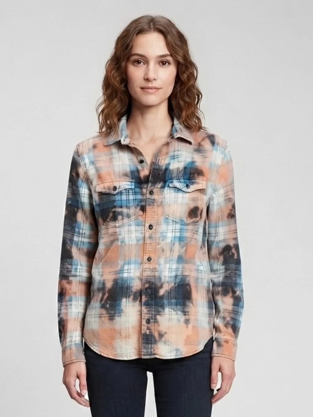 Upcycled Bleach Dyed Flannel Shirt XS 18.5” P2P Blue/Peach NWOT